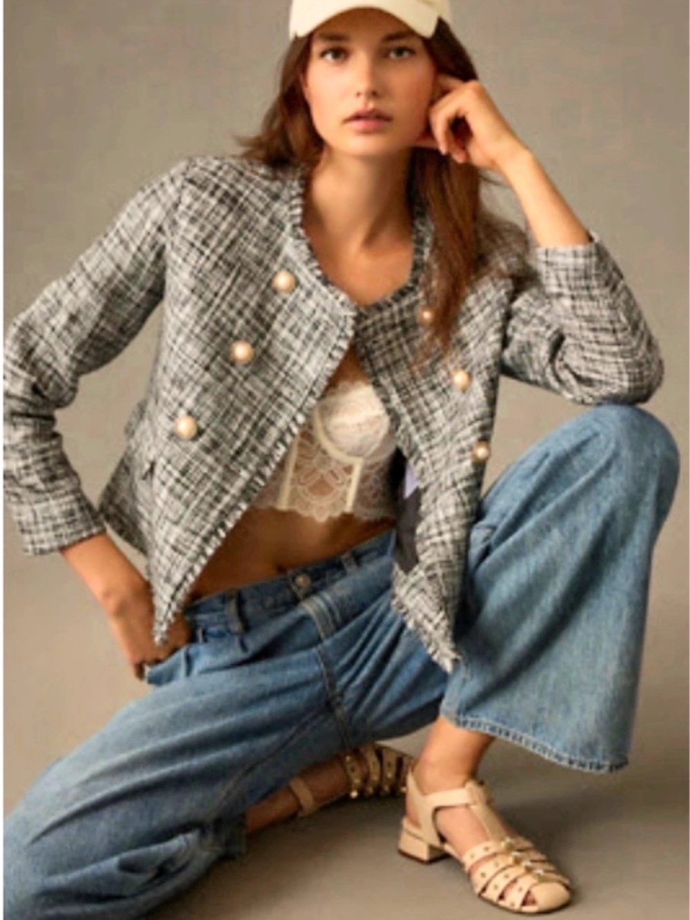Anthropologie Maeve Double-Breasted Tweed Jacket Gray & White